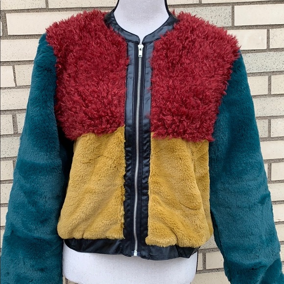 Green Mustard Multicolor Block Lined Faux Fur Jacket - Picture 5 of 9